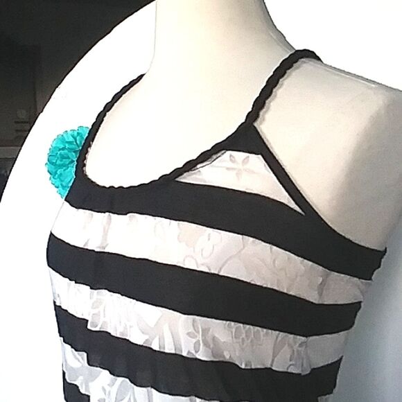Tank Top Semi Sheer Burn Out Floral Pattern Black White Stripe Nautical Y2K M - Picture 4 of 11